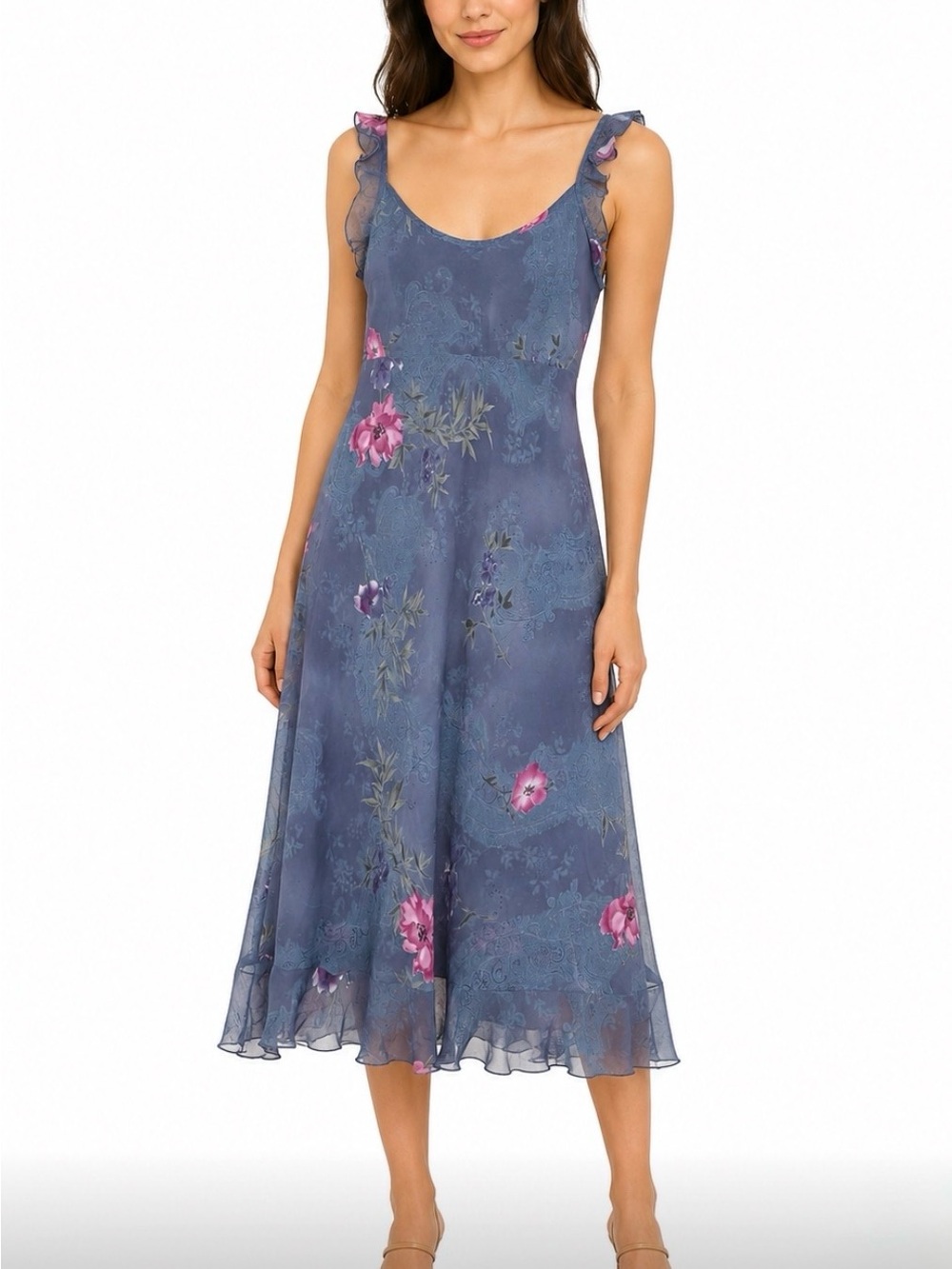 Tailor B.Moss Vintage Blue Floral Ruffle-Trim Midi Dress